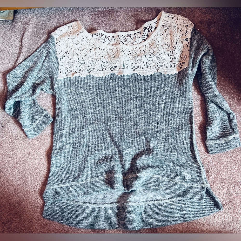 Gray and White Lace Sweater